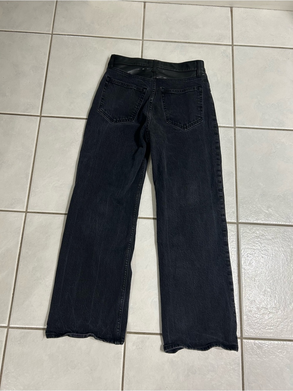 Women’s Black Wide-Leg Jeans with Faux Leather Trim - Picture 8 of 9